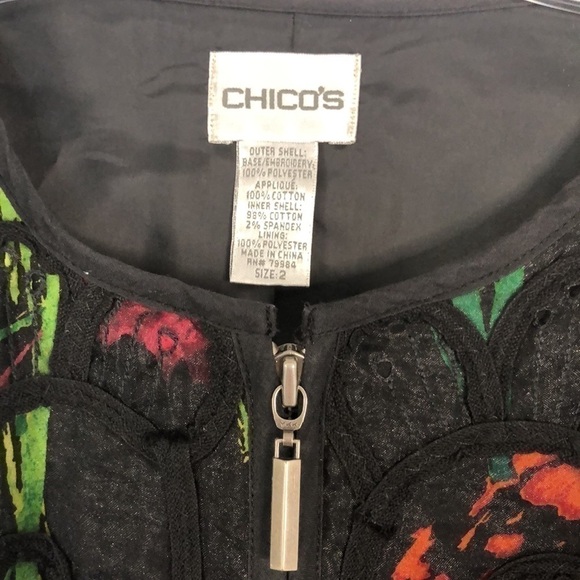 Chico's Multicolor Floral Mesh Overlay & Black Lace Appliqué Jacket - Picture 3 of 5